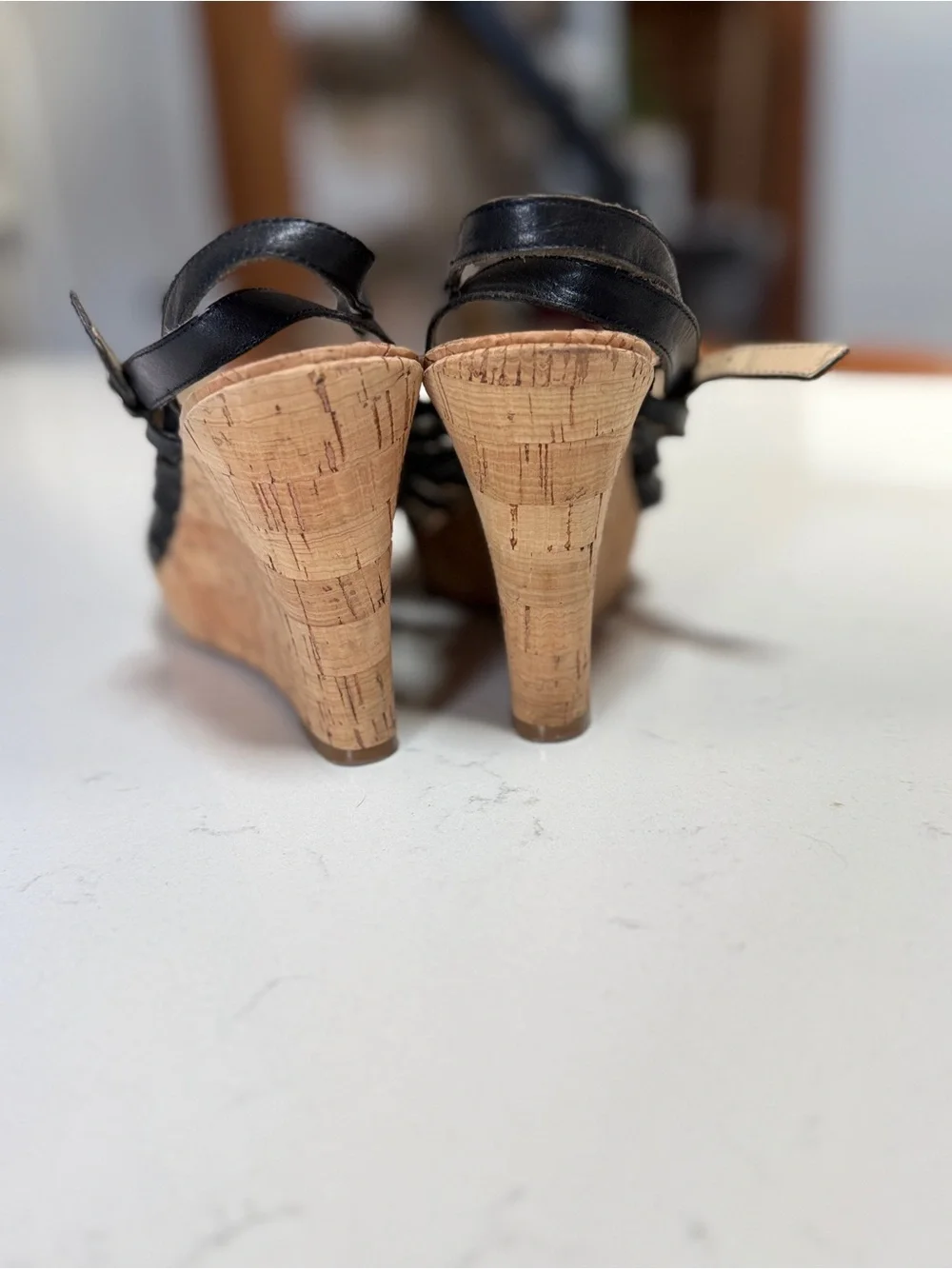 Audrey Brooke Black Strappy Cork Wedge Sandals with Knot Detail